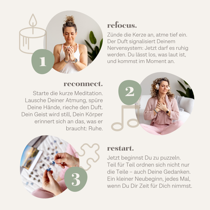 Drei Schritte zur Meditation: 1. Frau hält Tasse vor Brust, 2. Frau legt Hände auf Herz, 3. Hände setzen Puzzleteile zusammen.