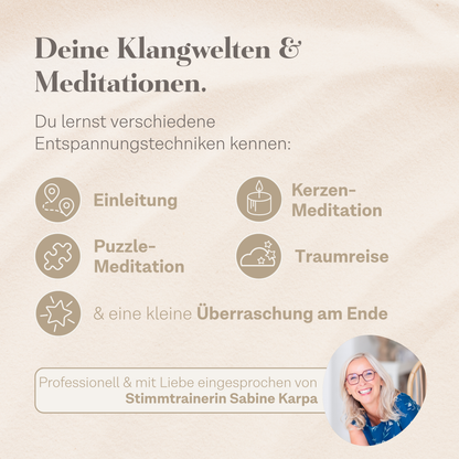 Text mit Aufzählung verschiedener Meditationstechniken und Hinweis auf eine Überraschung am Ende, darunter ein Foto der Sprecherin mit blonden Haaren und blauem Oberteil.